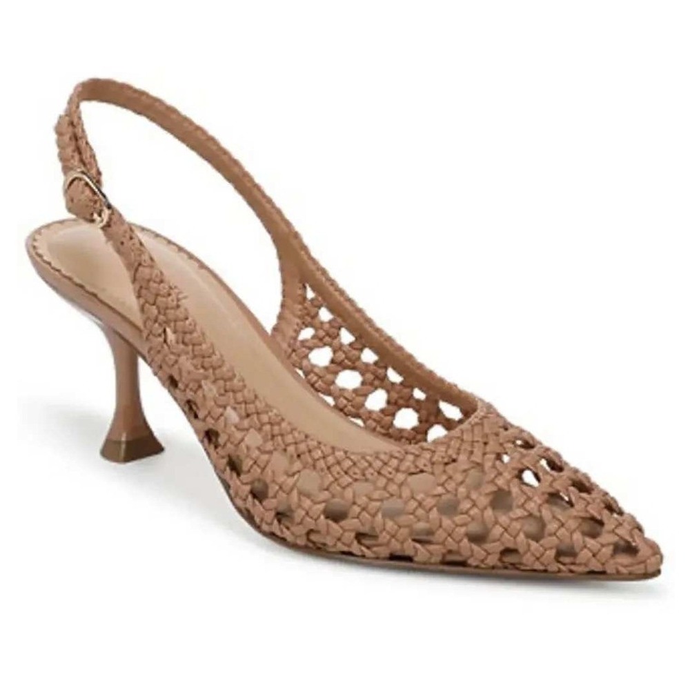 On 34th Monikaa Woven Slingback Pumps Tan Pointed Toe Kitten Heels Womens 7.5M